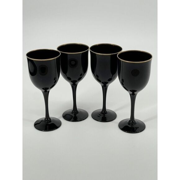 4 Vintage Noritake REMEMBRANCE EBONY Wine Glasses Goblets 7” Black W/ Gold Rim - Picture 1 of 8